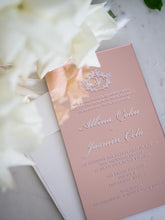 Rose gold acrylic wedding invitations with white ink print