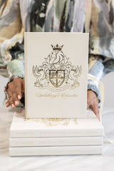 Luxury boxed wedding invitation with regal royal wedding crest