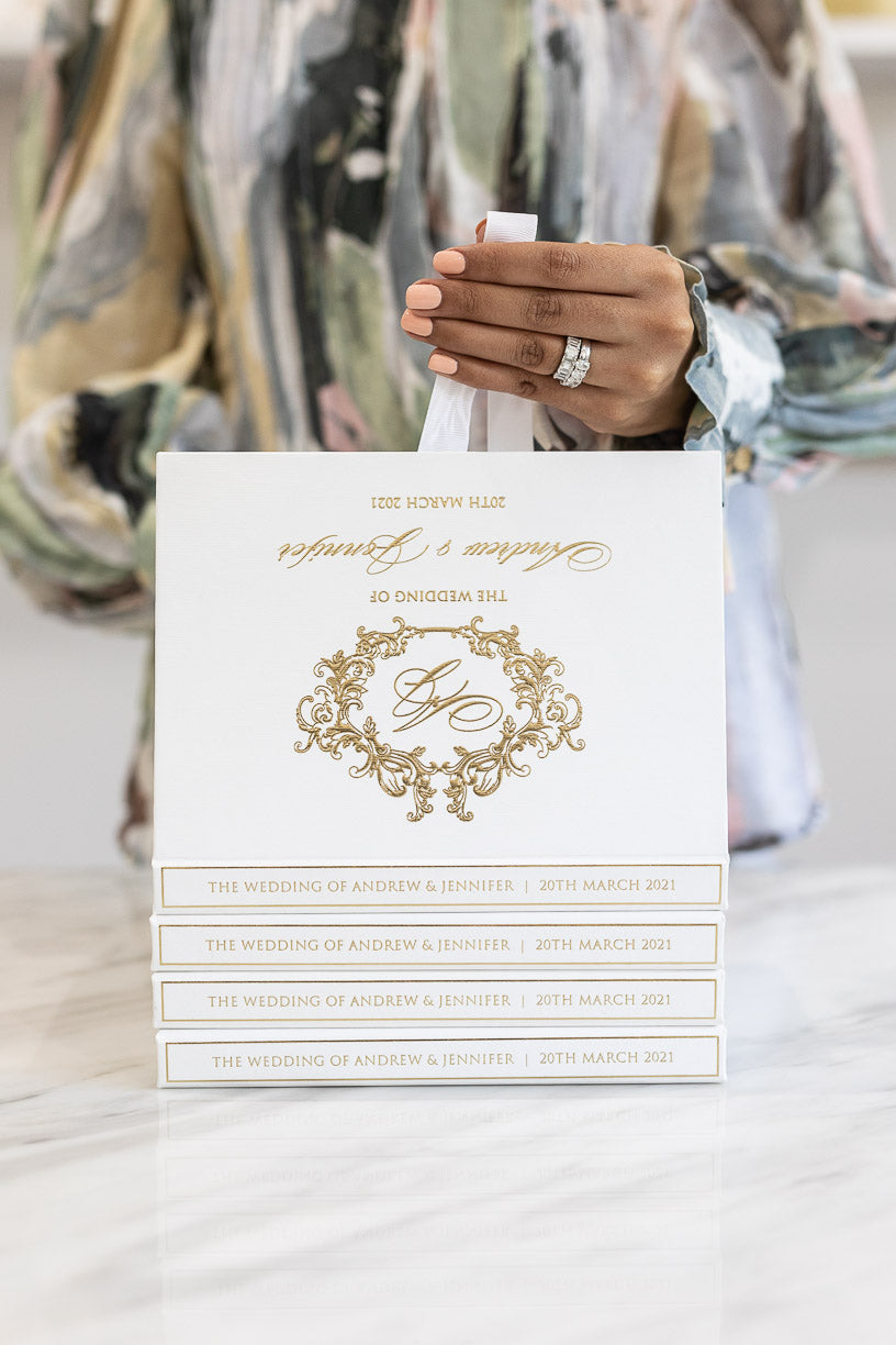 Luxury boxed wedding invitation regal gold foil design