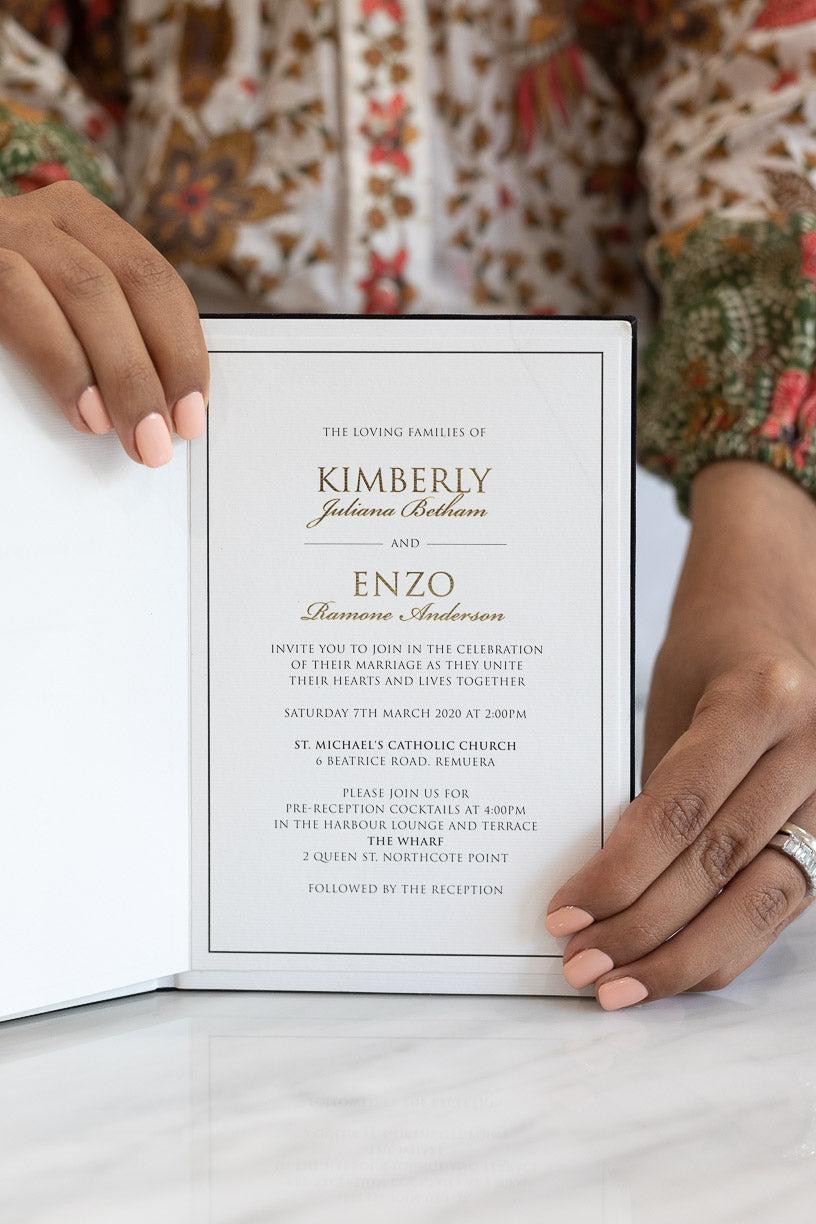 Elegant book wedding invitation with gold foil