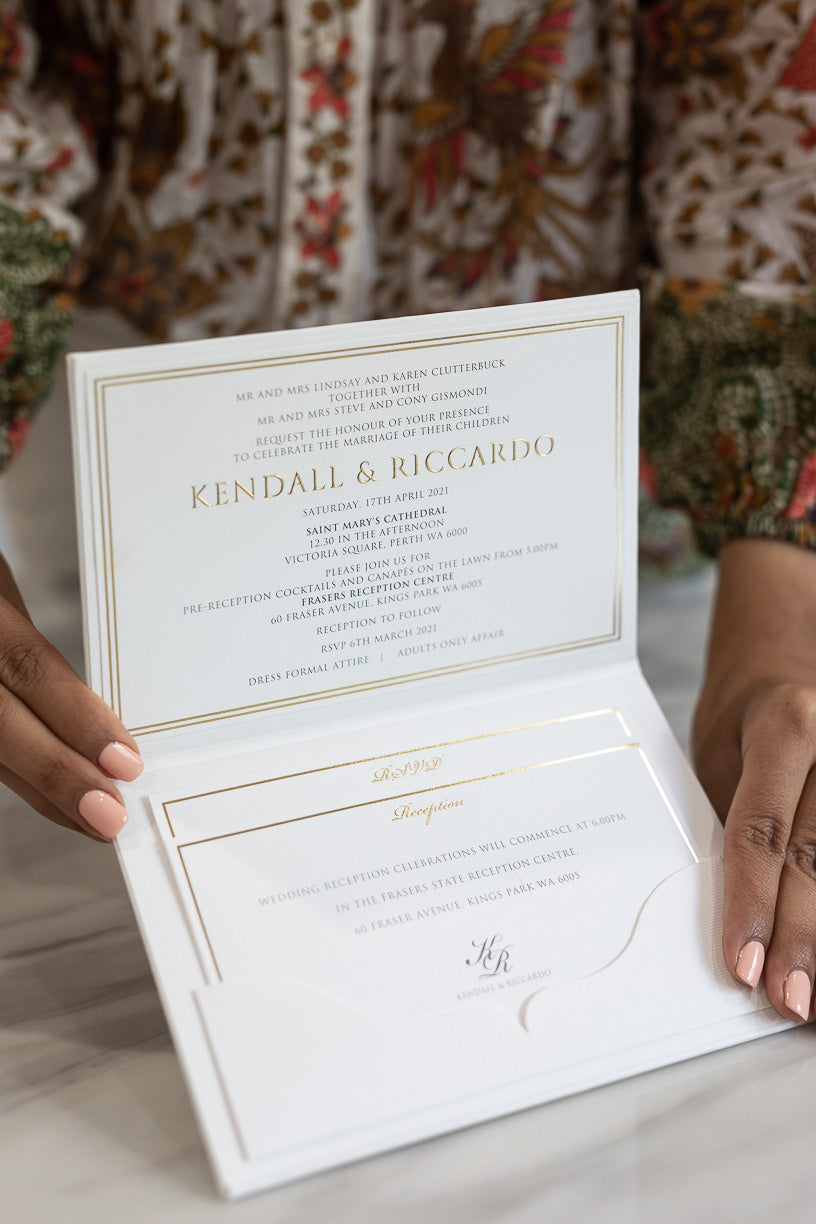 Luxurious pocket fold hardcover wedding invitations with gold foil