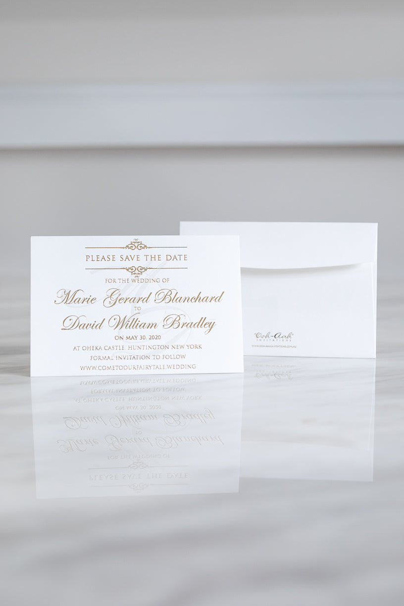 Elegant Save the Date cards with gold foil printing