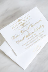 Elegant Save the Date cards with gold foil printing