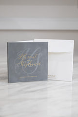 Grey and gold modern wedding invitation hardcover booklet with grey suede