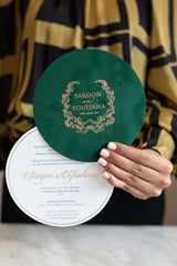 Round luxury engagement invitation with green suede