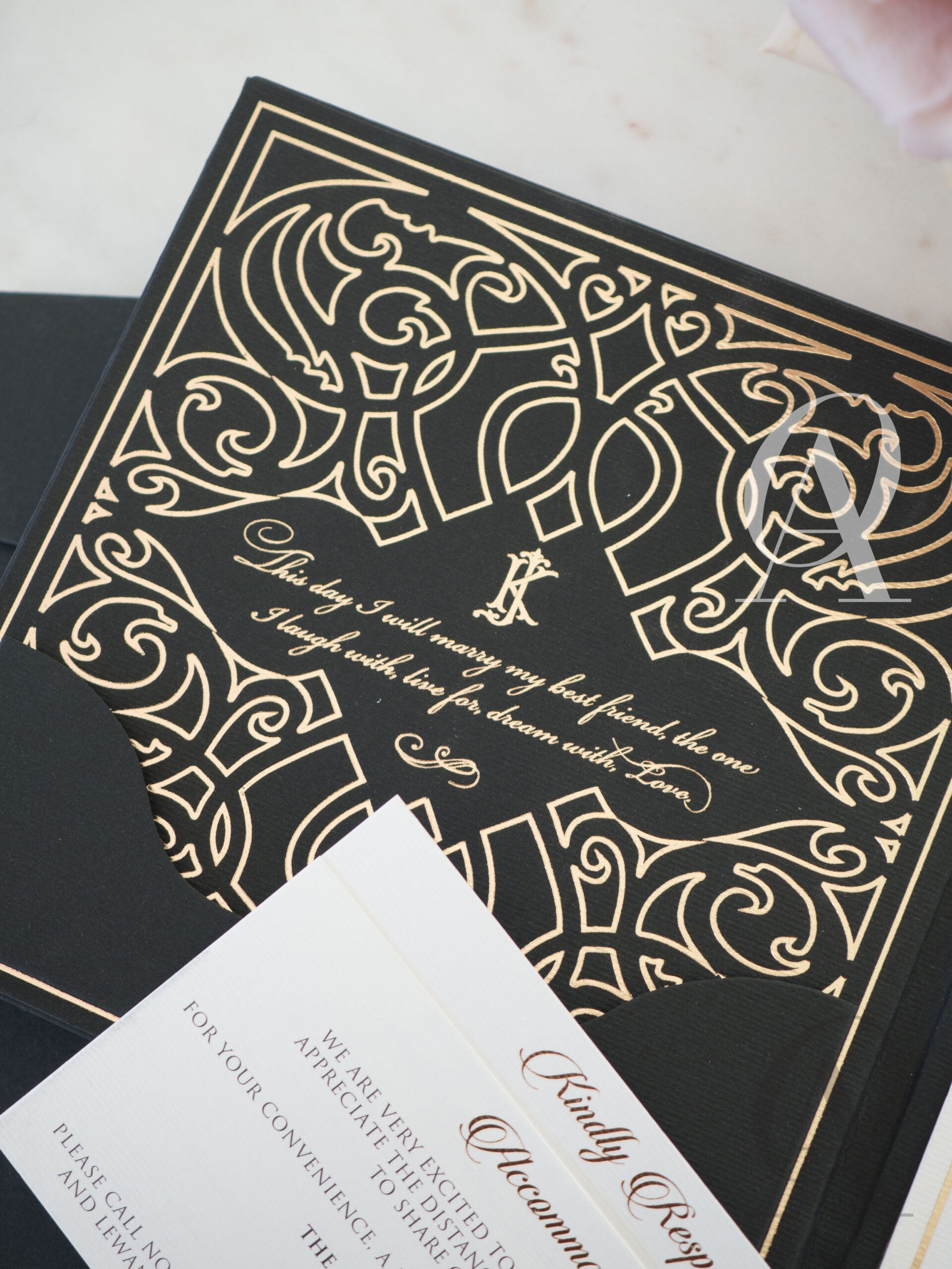 Unique Black and Gold Wedding Invitations with Embossing on Hardcover Booklet