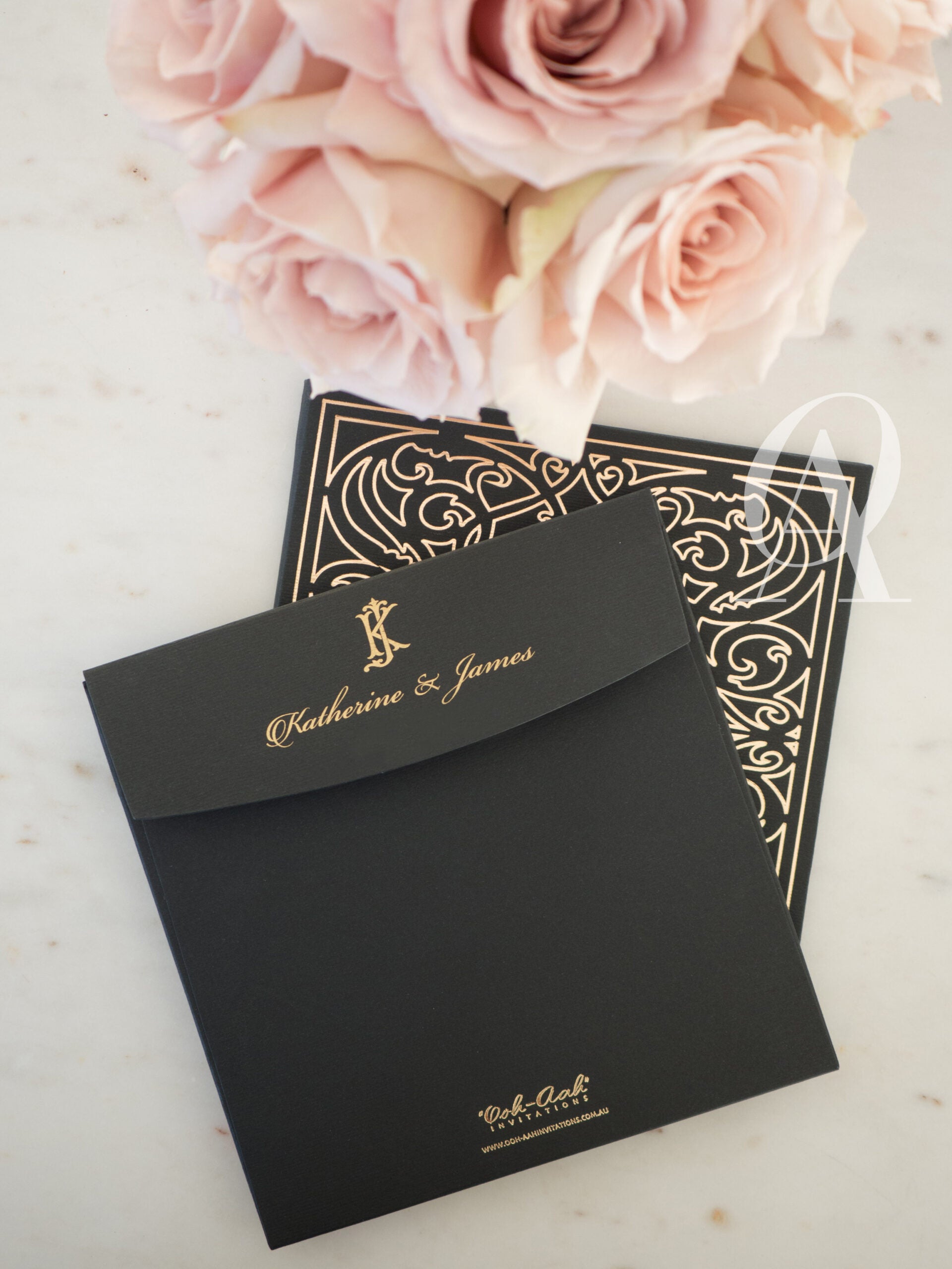 Unique Black and Gold Wedding Invitations with Embossing on Hardcover Booklet