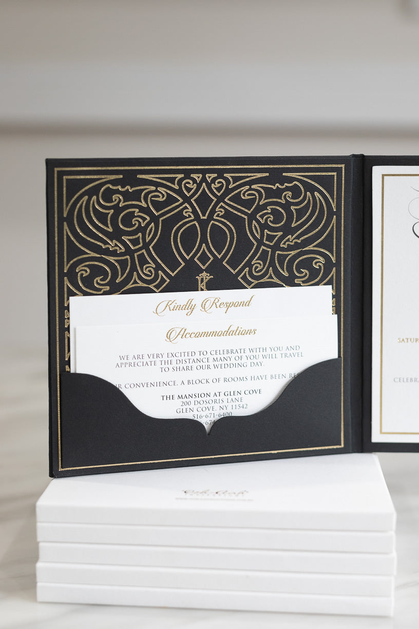 Black and gold pocket fold wedding invitation hardcover booklet with gold foil