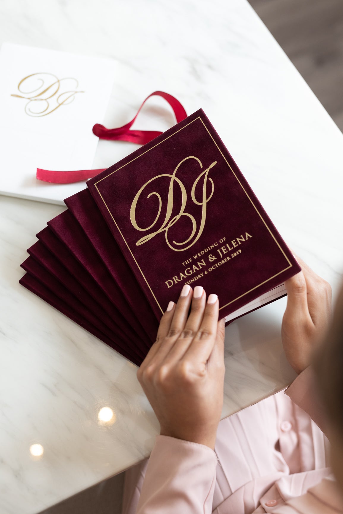 Luxury Burgundy velvet suede wedding invitation book with gold foil