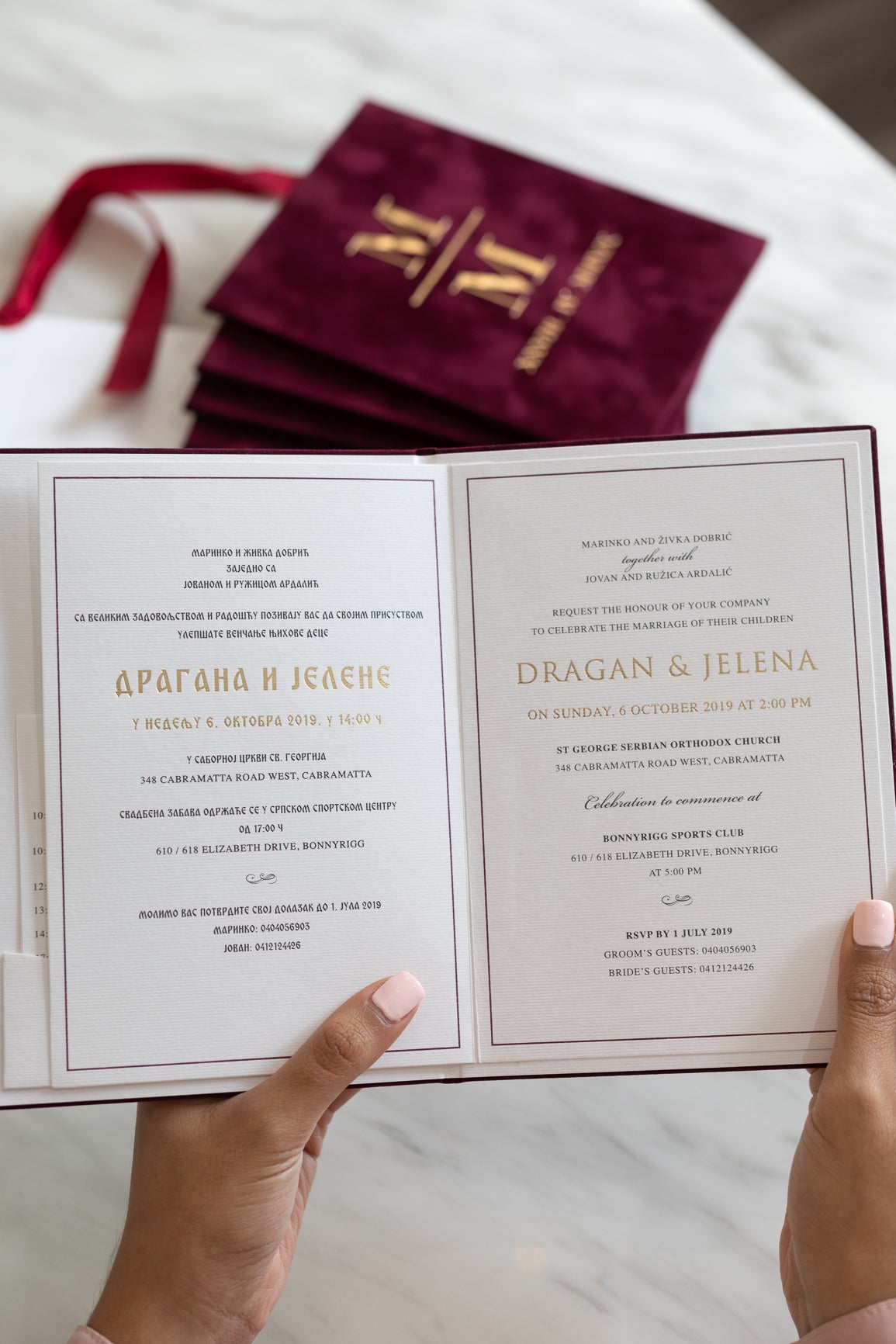 Luxury Burgundy velvet suede wedding invitation book with gold foil