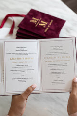 Luxury Burgundy velvet suede wedding invitation book with gold foil