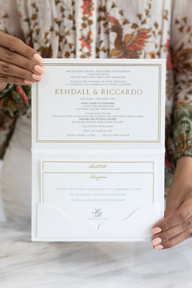 Pocket wedding invitations hardcover booklet with elegant gold foil