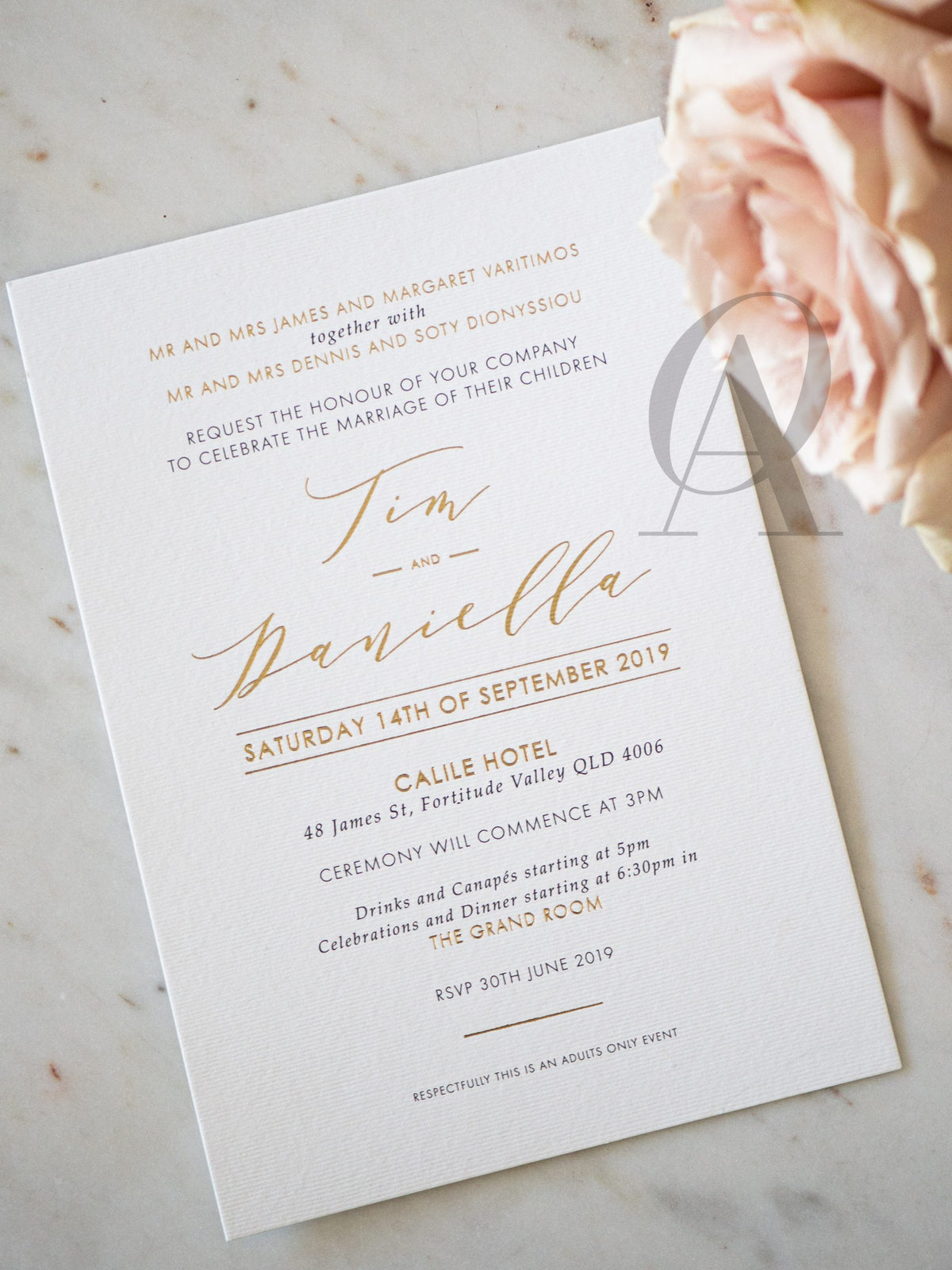 Modern Wedding Invitation Card with Gold Foil Calligraphy