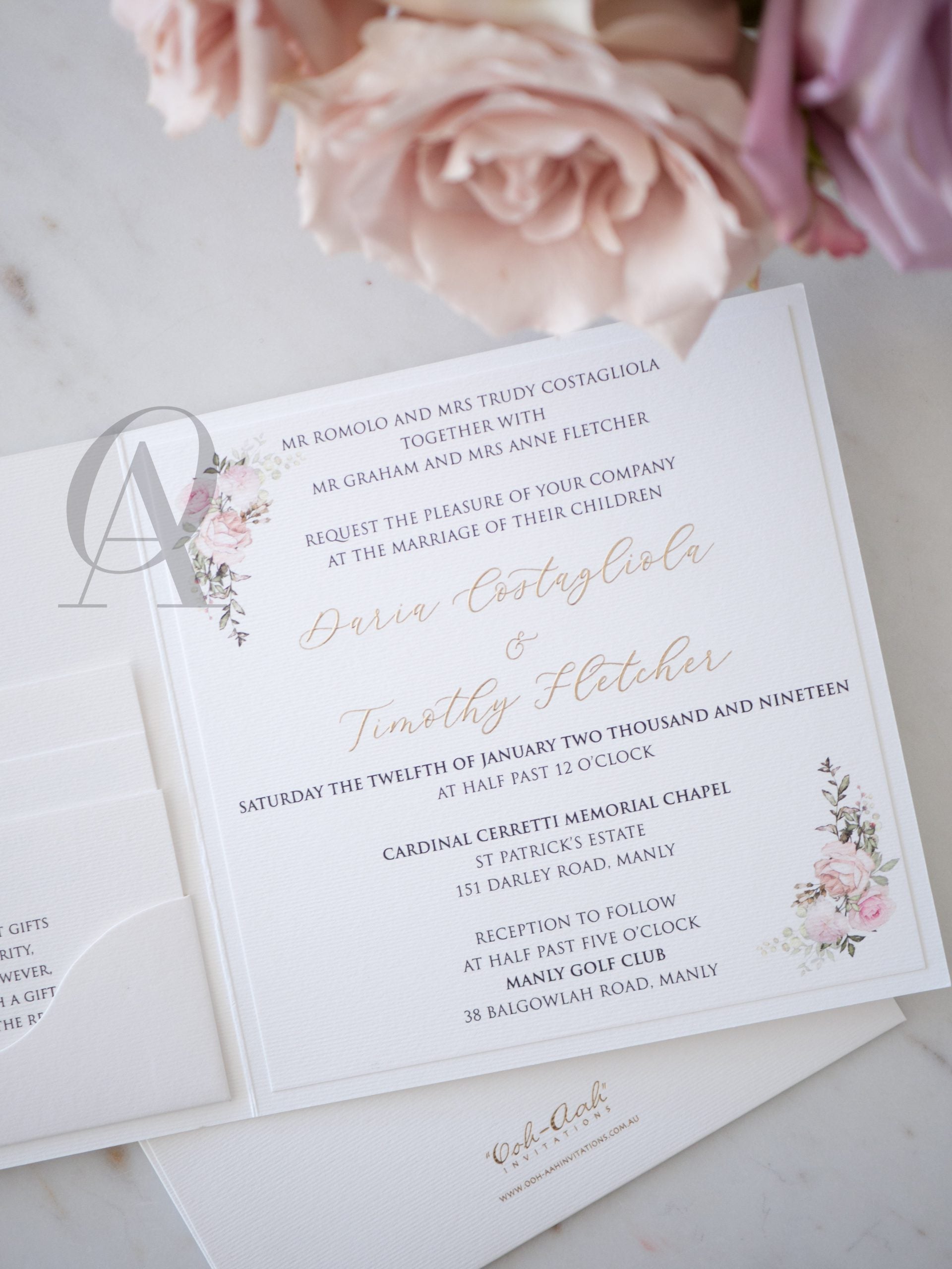 Blush pink floral wedding invitation