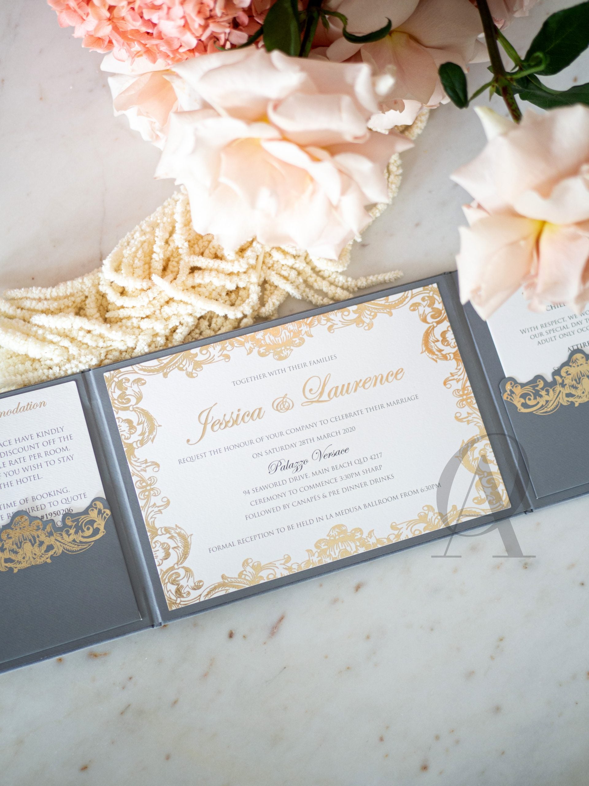 Luxury wedding invitations in grey suede on trifold design