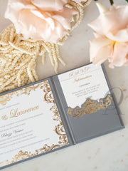 Trifold gatefold wedding invitations in grey and gold