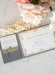 Luxury trifold gatefold wedding invitations in grey and gold