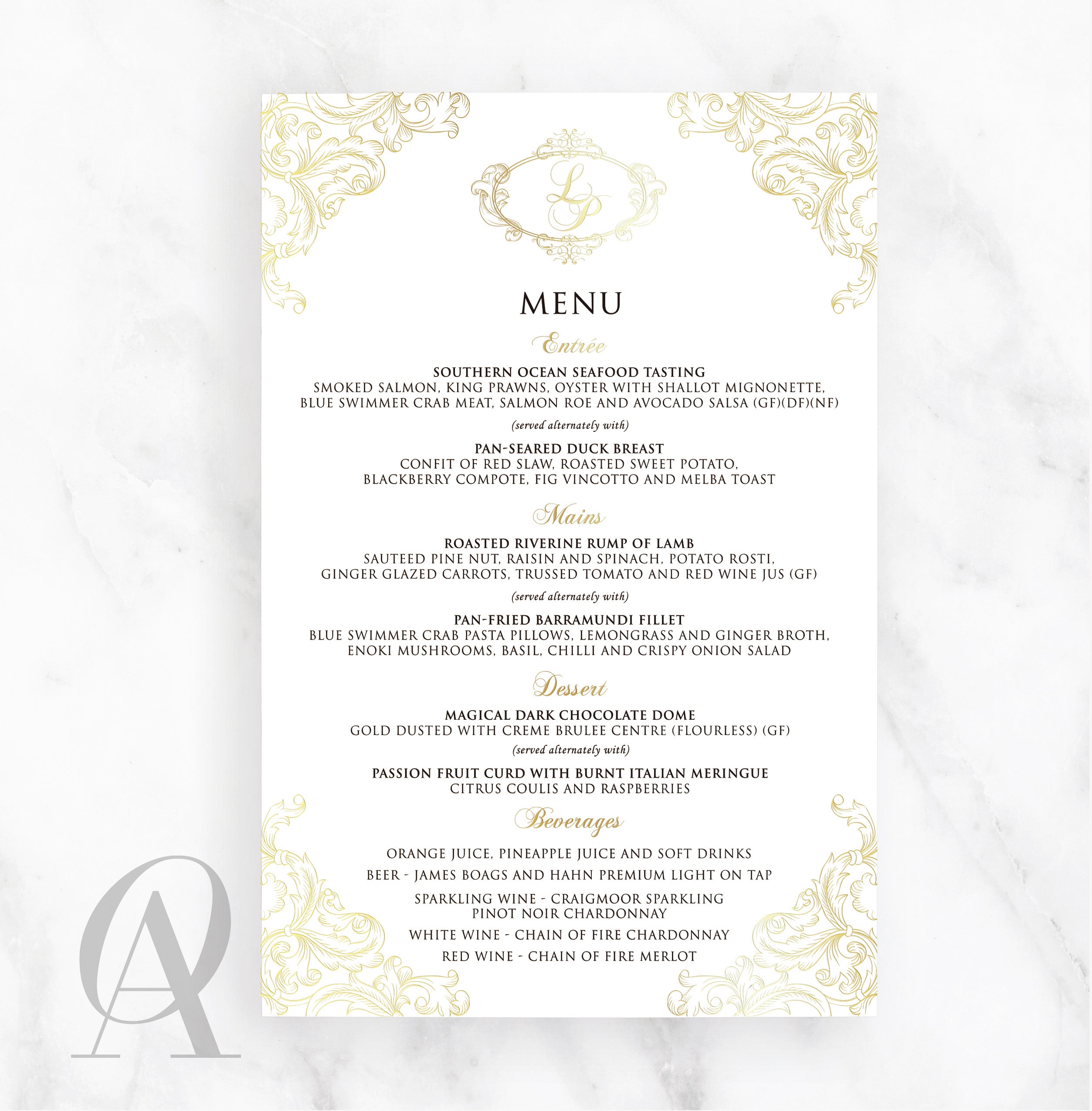 Regal wedding menu card with an elegant border in gold foil print