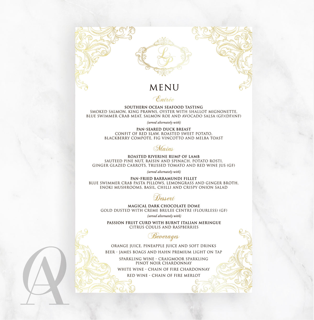 Regal wedding menu card with an elegant border in gold foil print