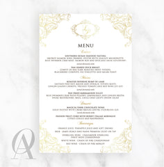 Regal wedding menu card with an elegant border in gold foil print