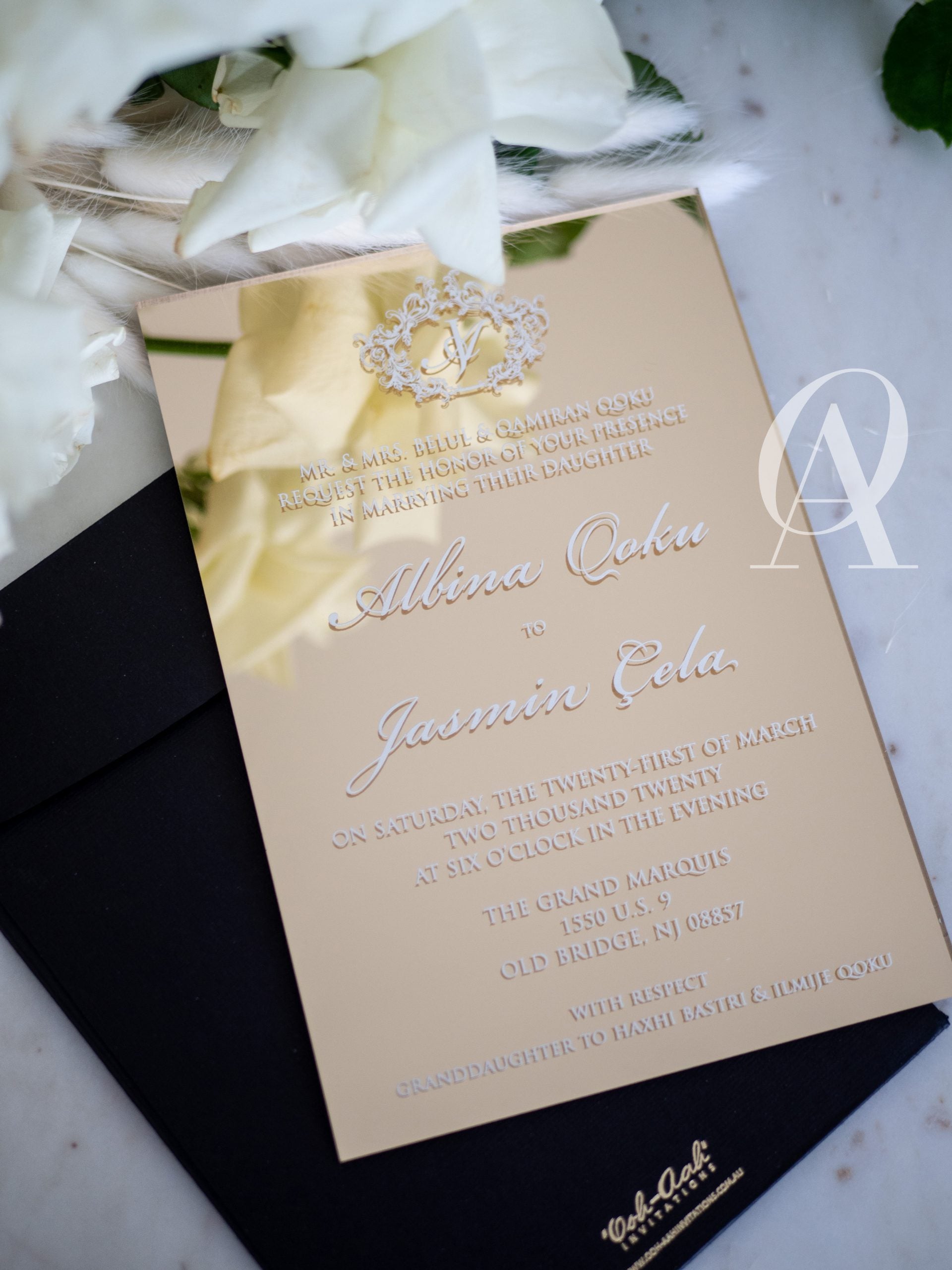 Gold mirror acrylic wedding invitations with white ink print