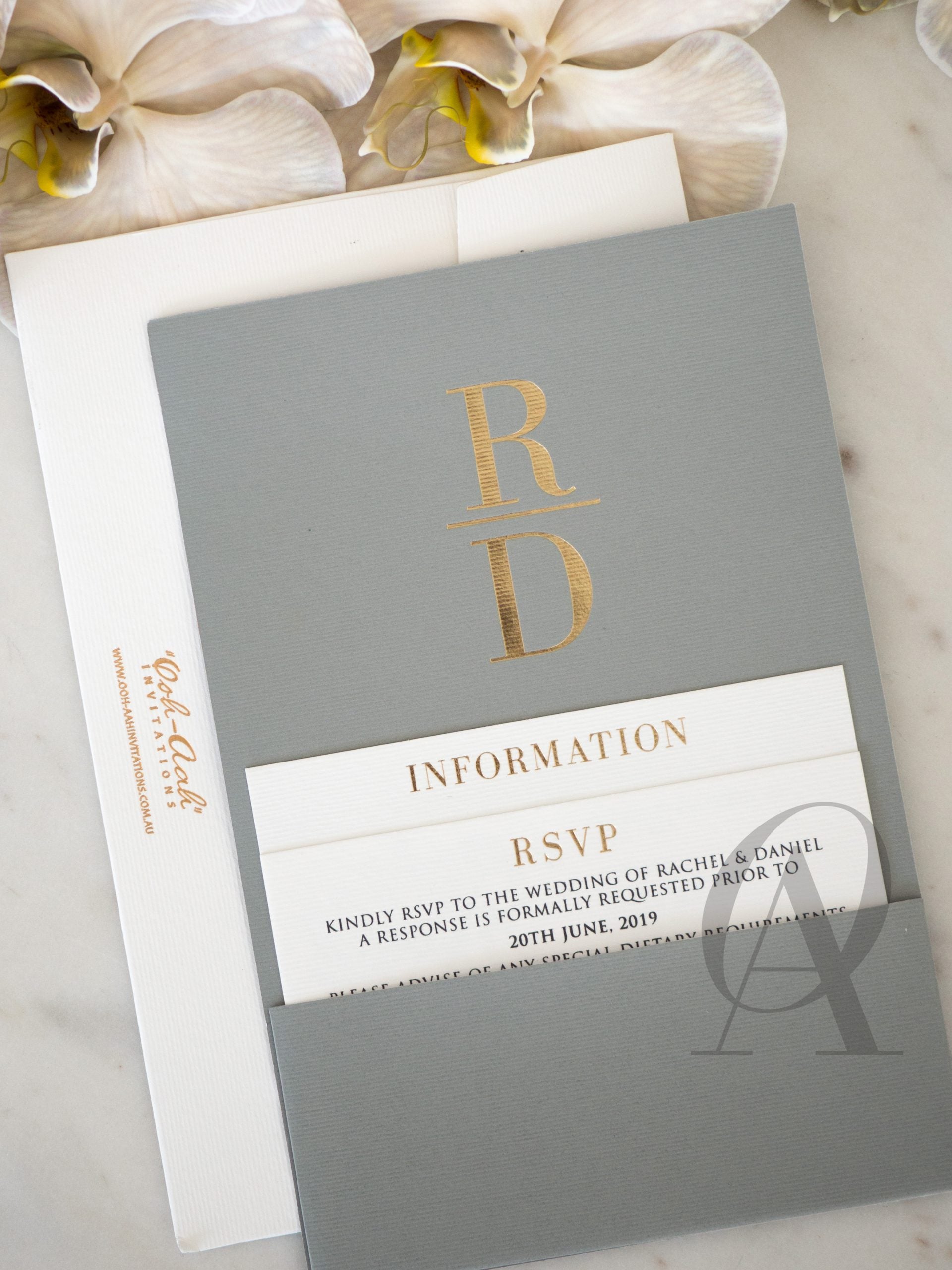 Luxury grey and gold wedding invitations