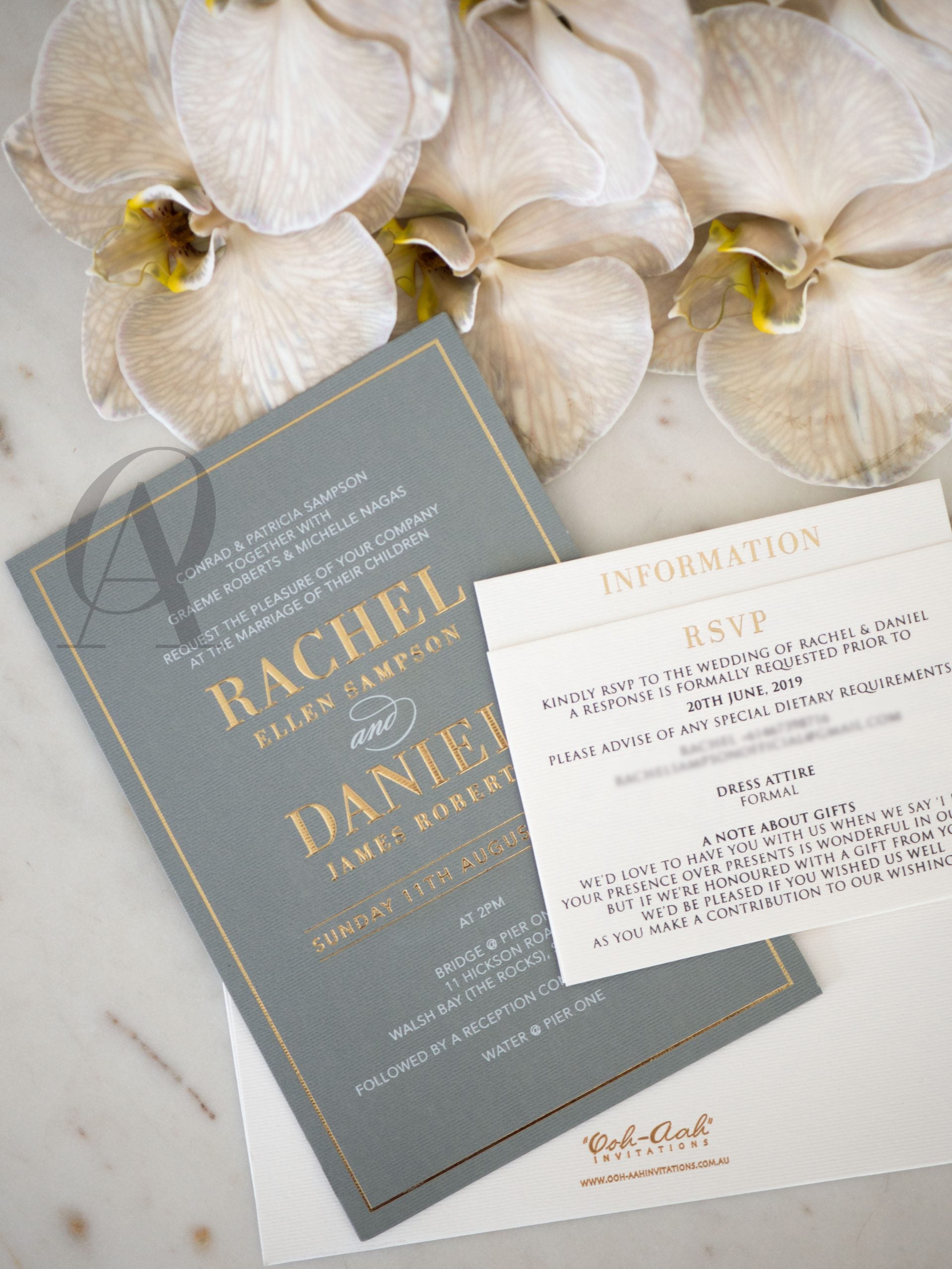 Luxury grey and gold wedding invitations