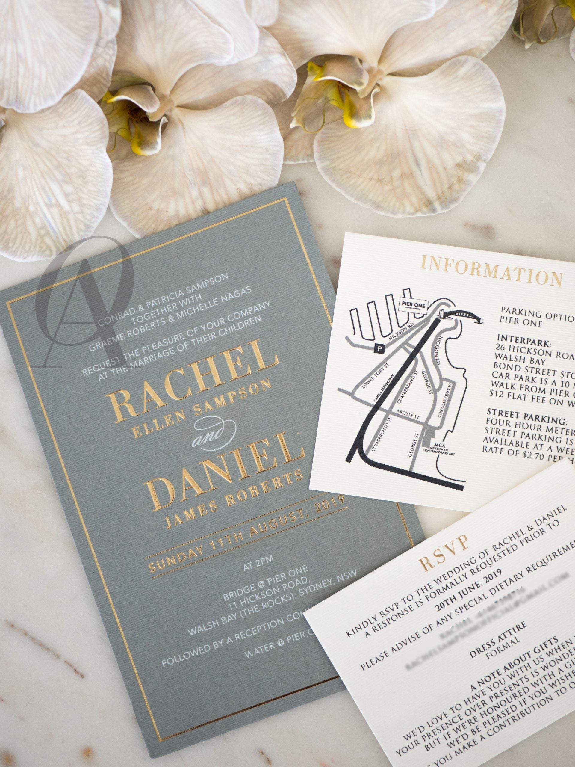 Luxury grey and gold wedding invitations