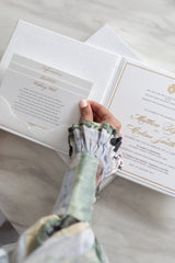 Luxury wedding invitation box with pocket for RSVP, wishing well & details