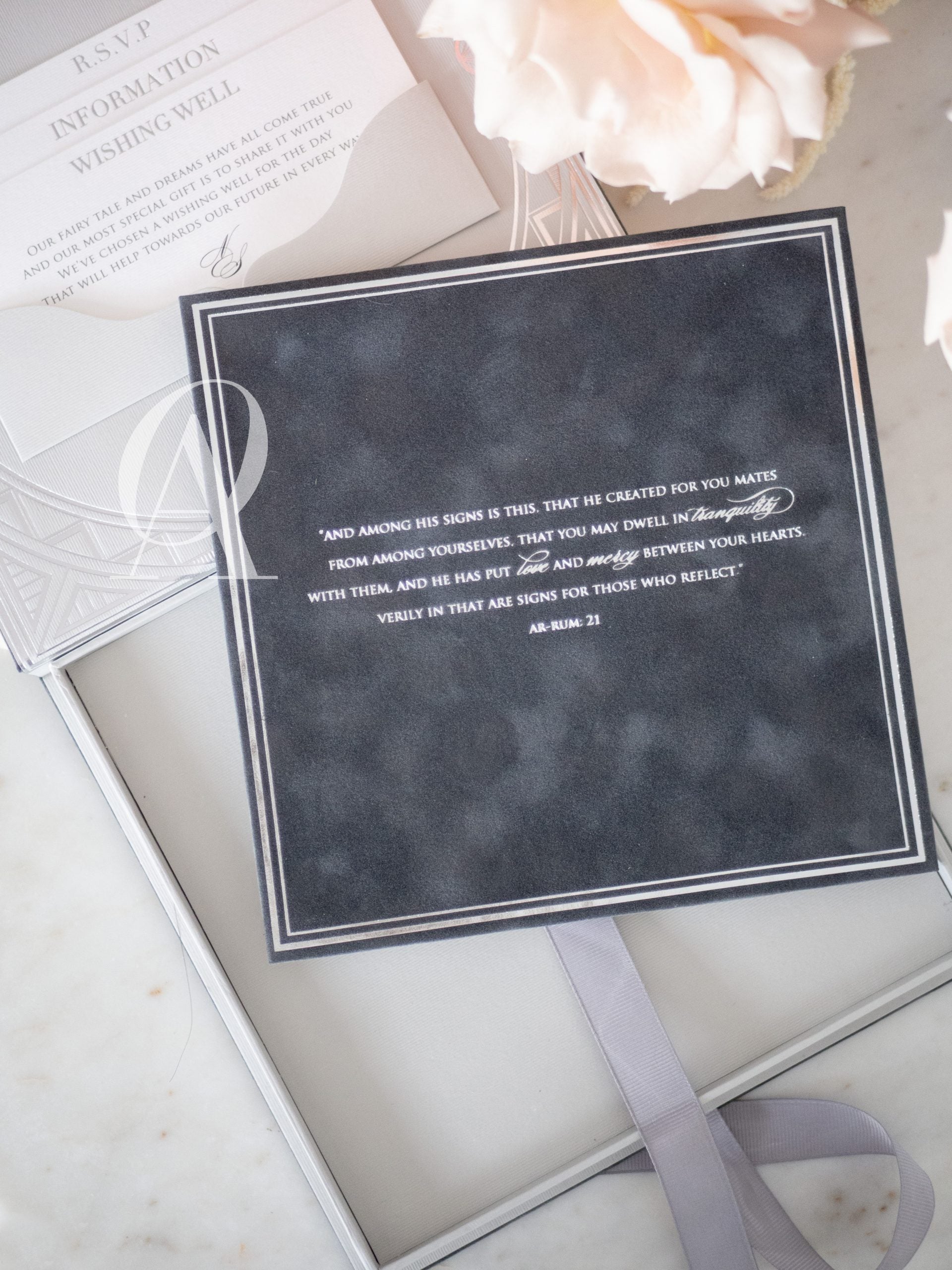 Luxury Boxed Wedding Invitations Grey Suede Silver Foil