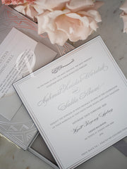 Luxury Boxed Wedding Invitations Grey Suede Silver Foil