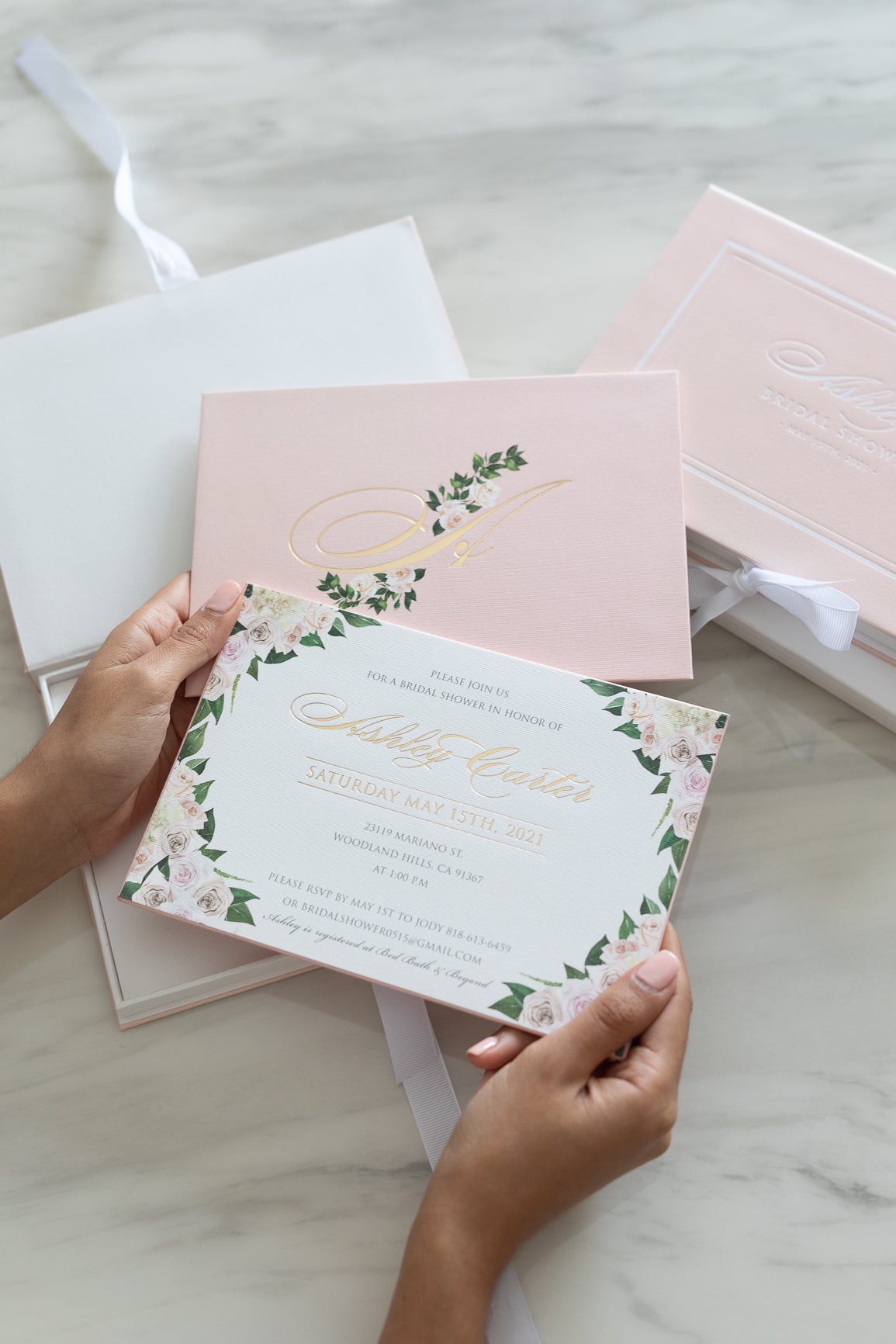 Blush pink floral bridal shower invitation for luxury event