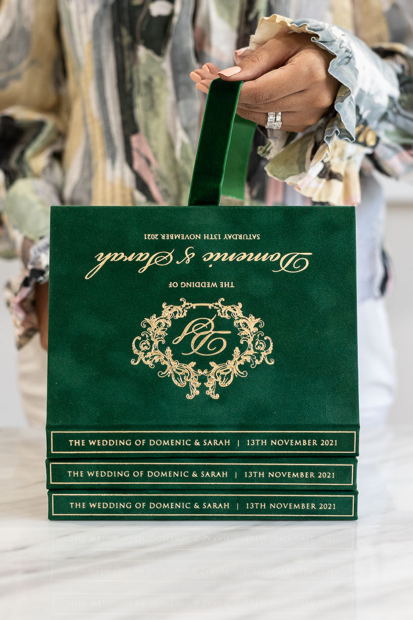 Green suede boxed wedding invitation with gold foil