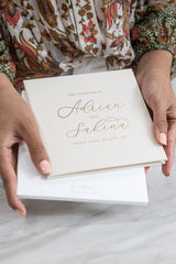 Nude wedding invitations with modern calligraphy in gold foil