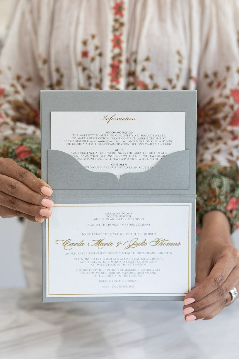 Grey pocket fold wedding invitation with luxurious gold foil