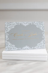 Elegant grey and gold wedding invitation hardcover booklet