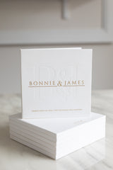 Modern letterpress invitation on hardcover booklet