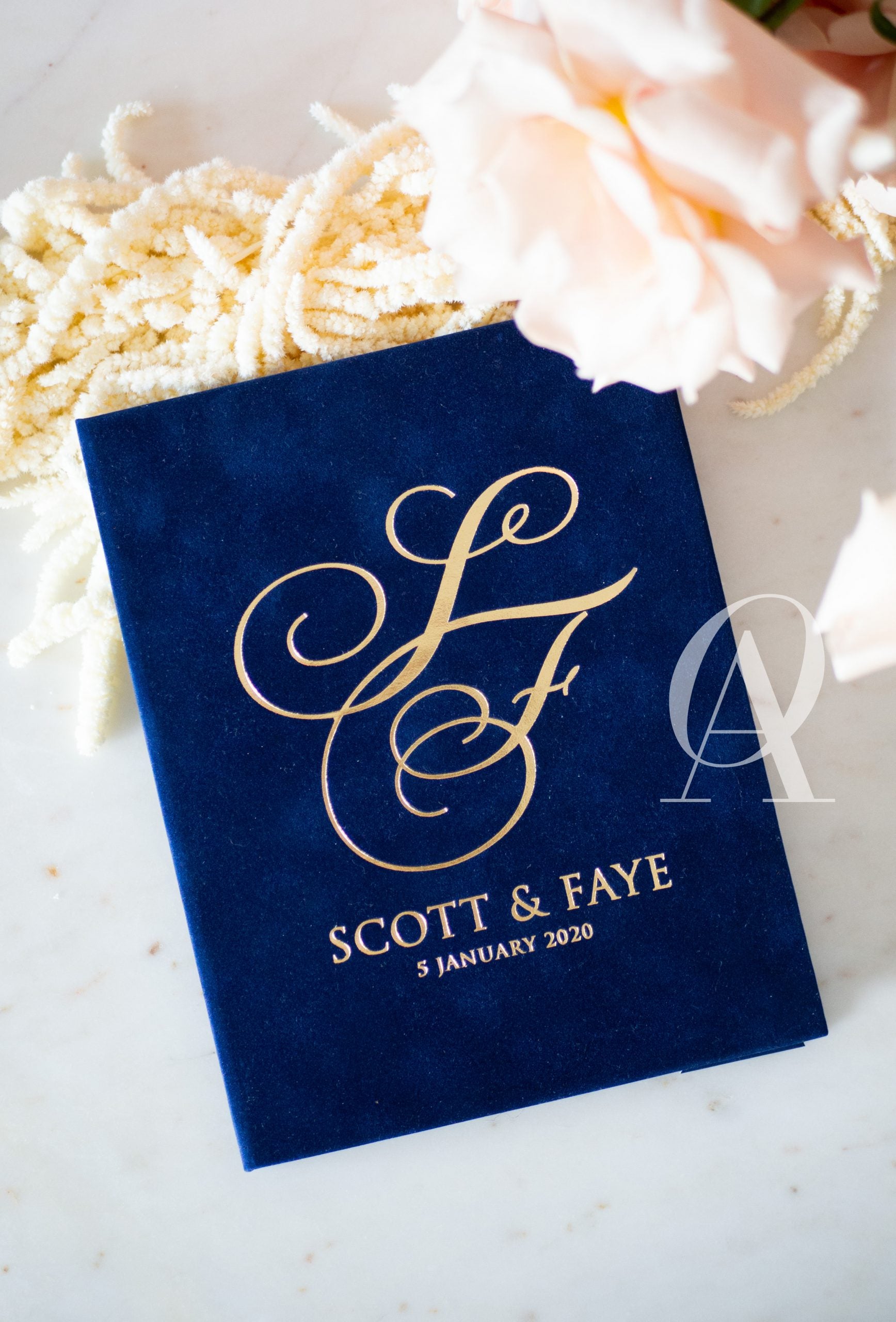 Navy and gold wedding invitation booklet