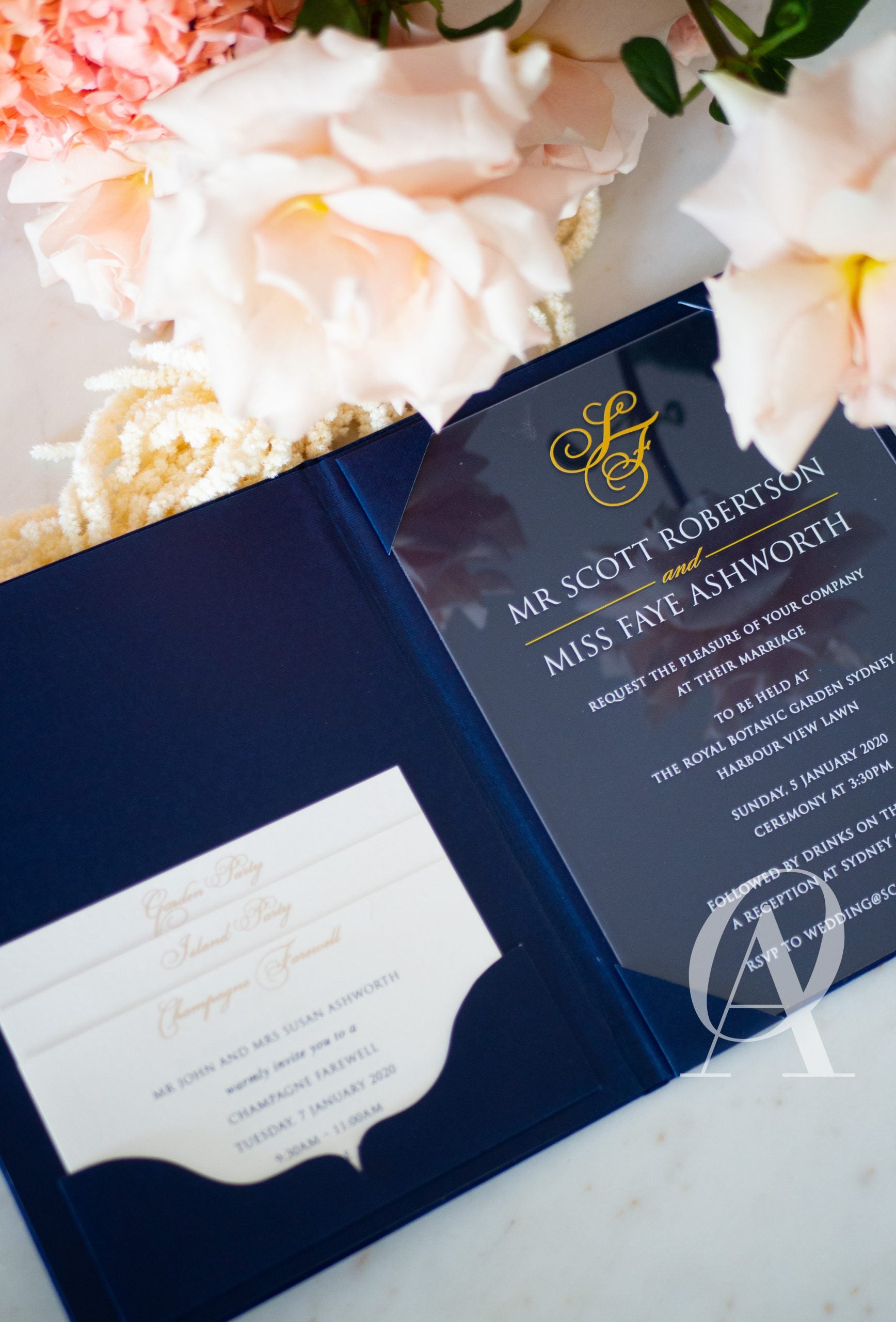 Suede wedding invitation booklet with acrylic invitation