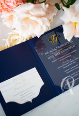 Suede wedding invitation booklet with acrylic invitation