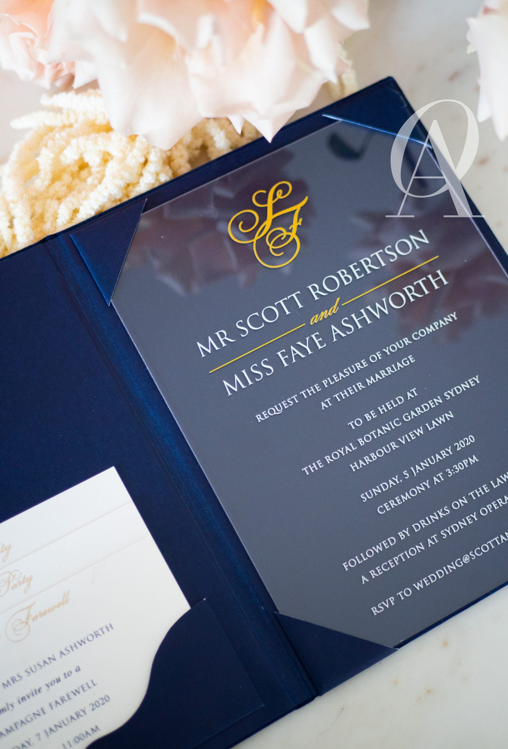 Acrylic wedding invitation inside hardcover booklet