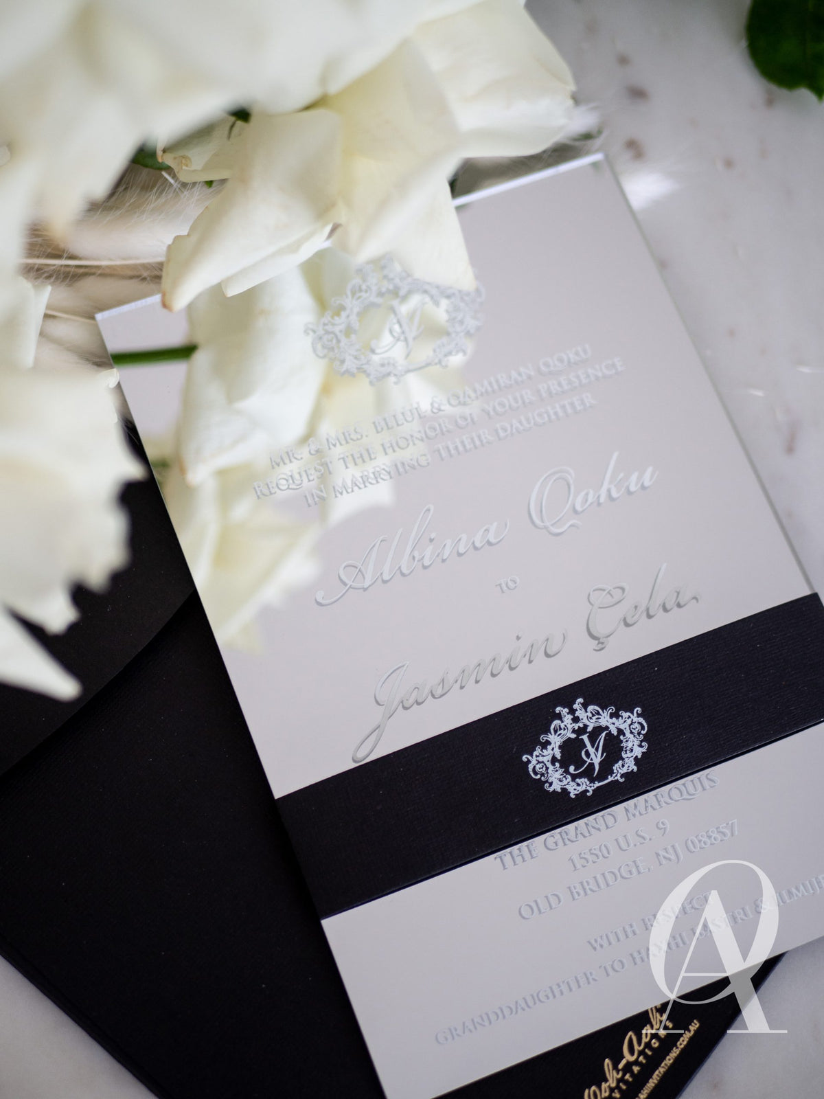 Silver mirror acrylic wedding invitations with white ink print