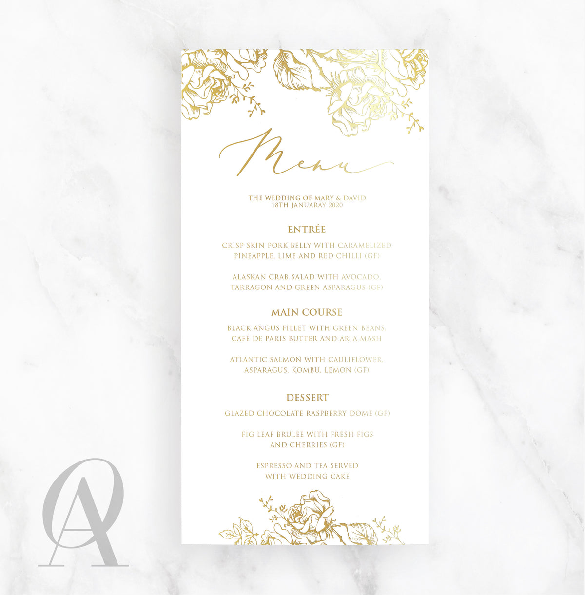 SMGF03 SKINNY MENU ALL GOLD FOIL FLORAL BORDER TOP & BOTTOM - Ooh Aah Invitations