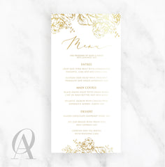 SMGF03 SKINNY MENU INK PRINT + GOLD FLORAL BORDER TOP & BOTTOM - Ooh Aah Invitations