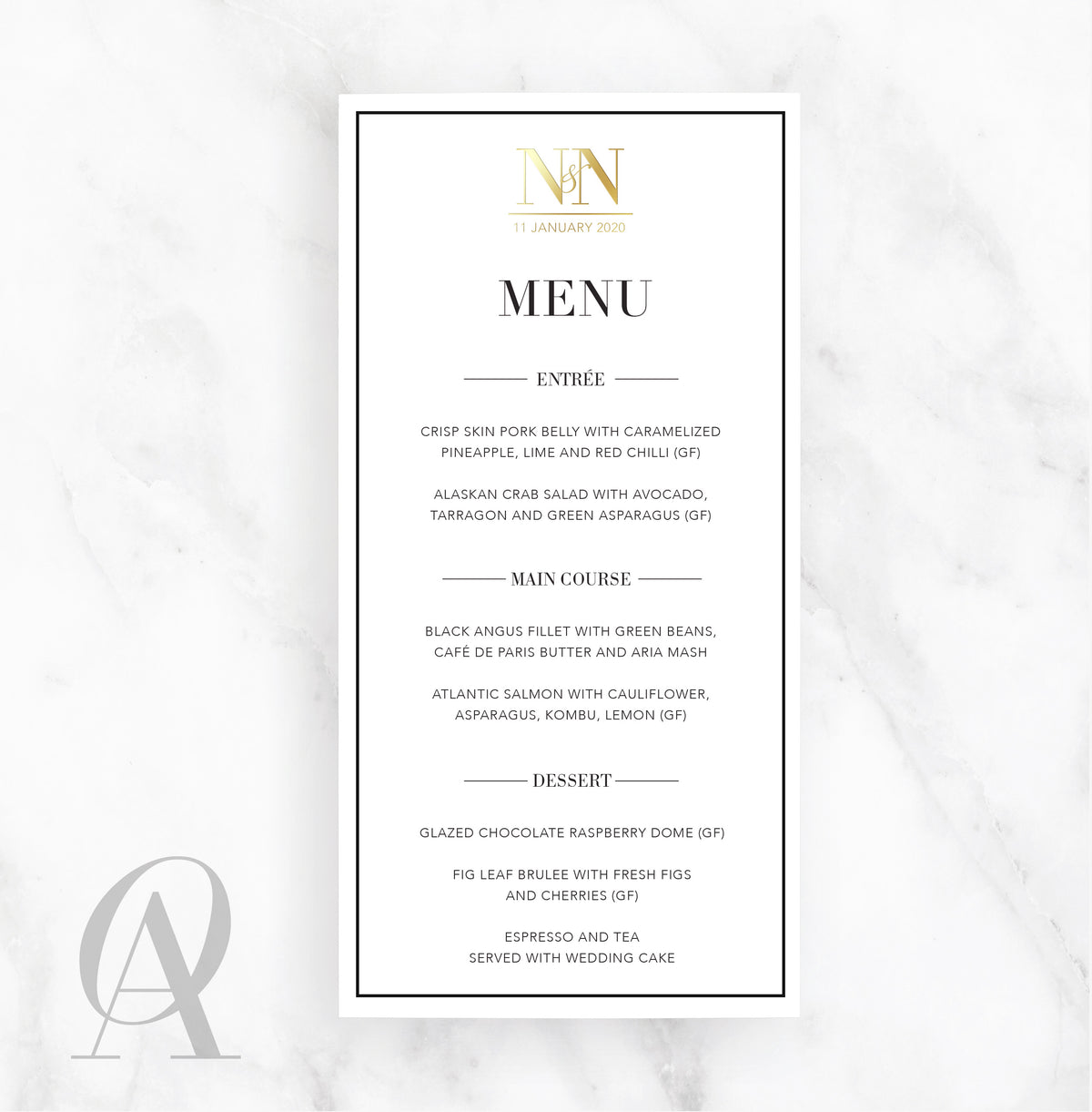 SMGF06 SKINNY MENU INK PRINT + GOLD FOIL BLOCK INITIALS MONOGRAM - Ooh Aah Invitations