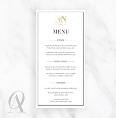 SMGF06 SKINNY MENU INK PRINT + GOLD FOIL BLOCK INITIALS MONOGRAM - Ooh Aah Invitations