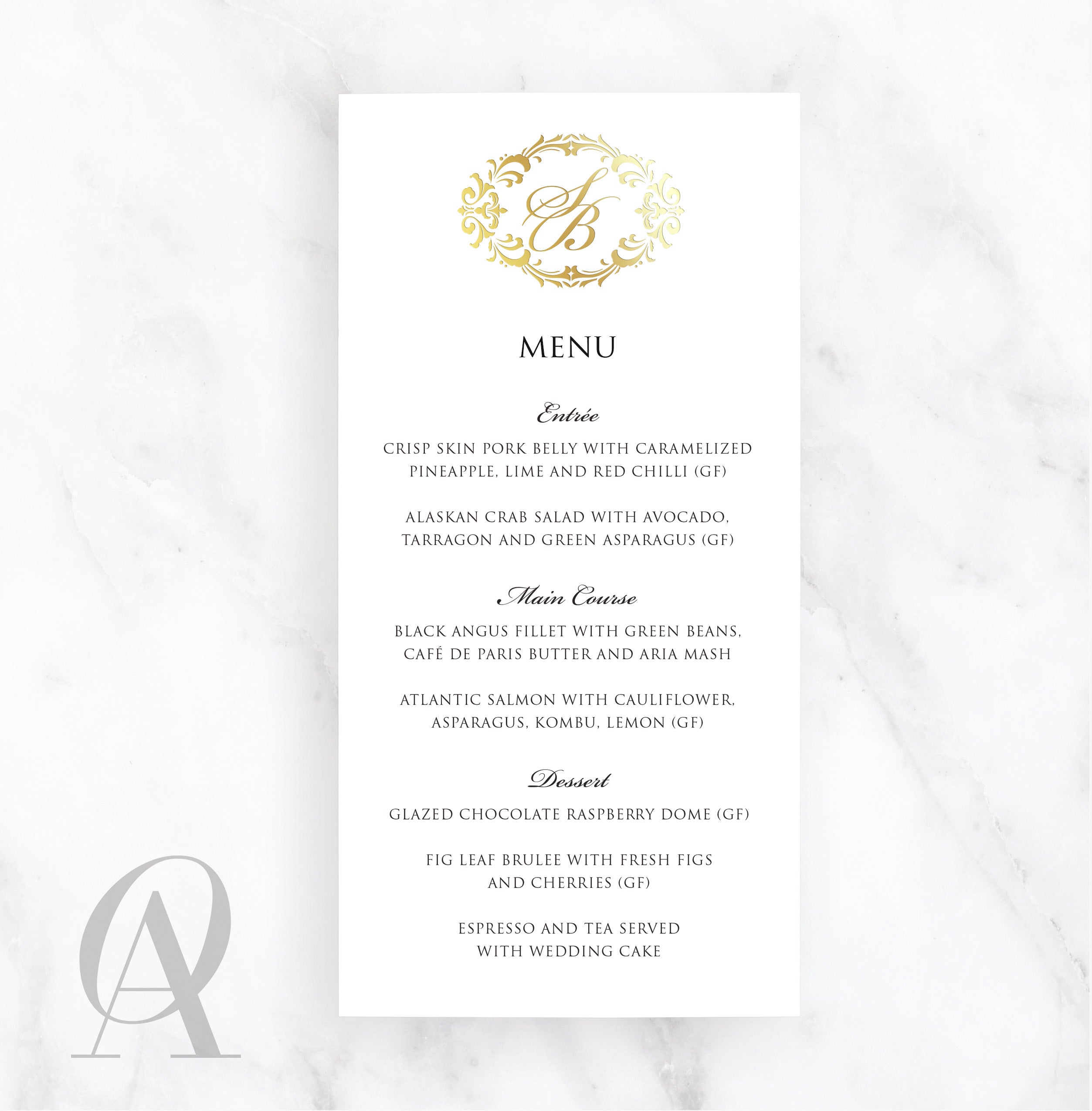 SMGF02 SKINNY MENU INK PRINT + GOLD FOIL REGAL MONOGRAM - Ooh Aah Invitations