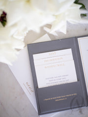 Grey and gold wedding invitations with Modern and elegant wedding invitations with pocket fold insert cards